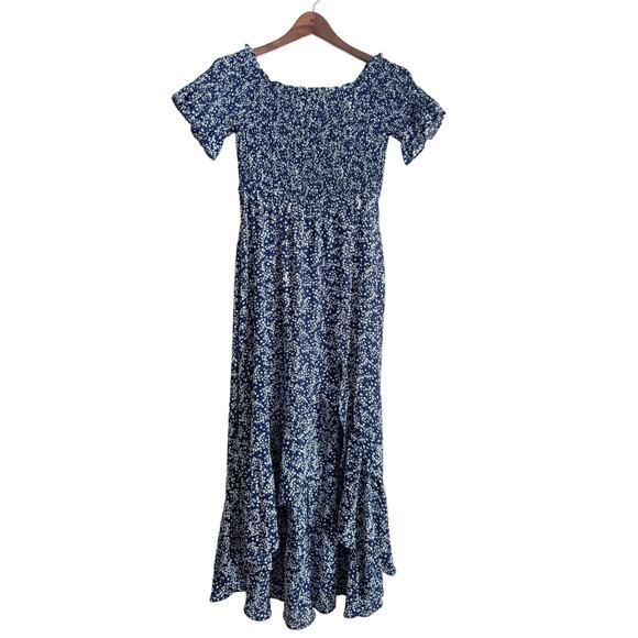 LULUS Fleurtation Floral Print Off Shoulder Midi Dress Navy Blue Medium M - Picture 4 of 12